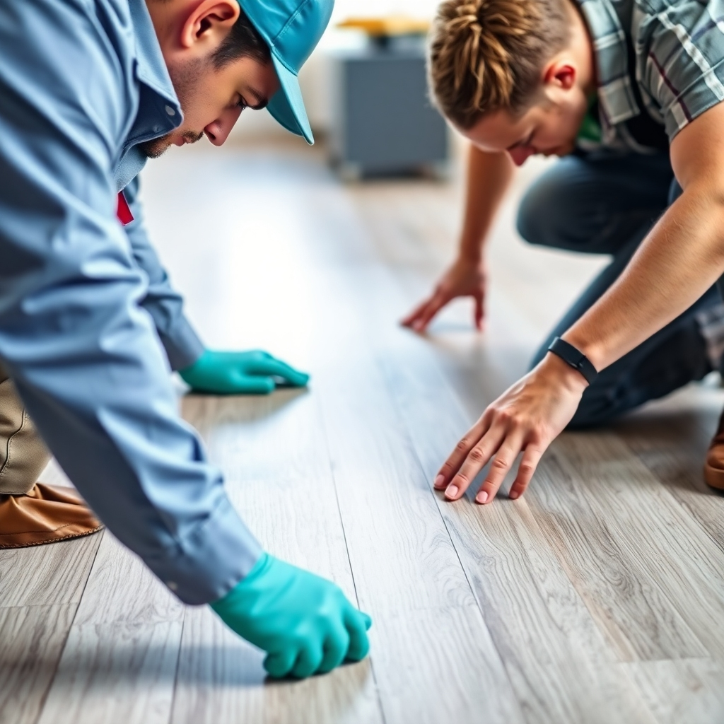 A dynamic, close-up shot of professionals expertly installing a floor, highlighting their precision and skill. The image should showcase the professionalism and skill of the installation team.