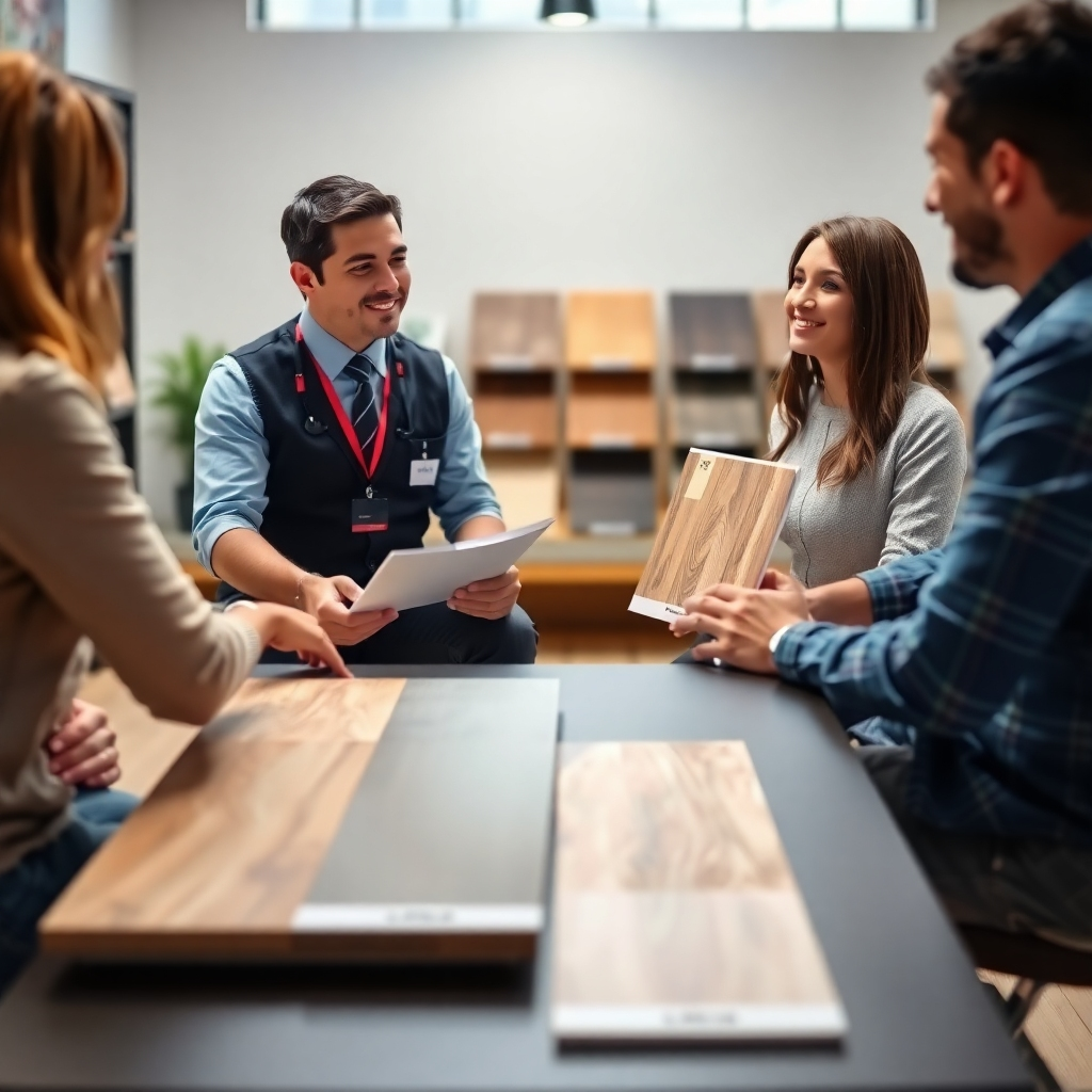 A photorealistic image showcasing a professional consultation between a company representative and a client, with samples of different flooring types displayed. The mood of the image should evoke trust and professionalism.