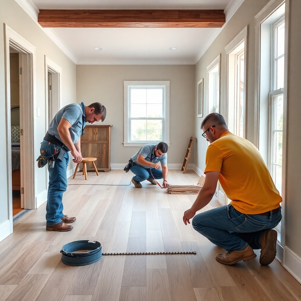 A photorealistic image showing a team of skilled professionals installing flooring in a client's home. The image should focus on the precision and care taken during the installation process. It should reflect a professional, clean, and organized workspace, underscoring attention to detail.