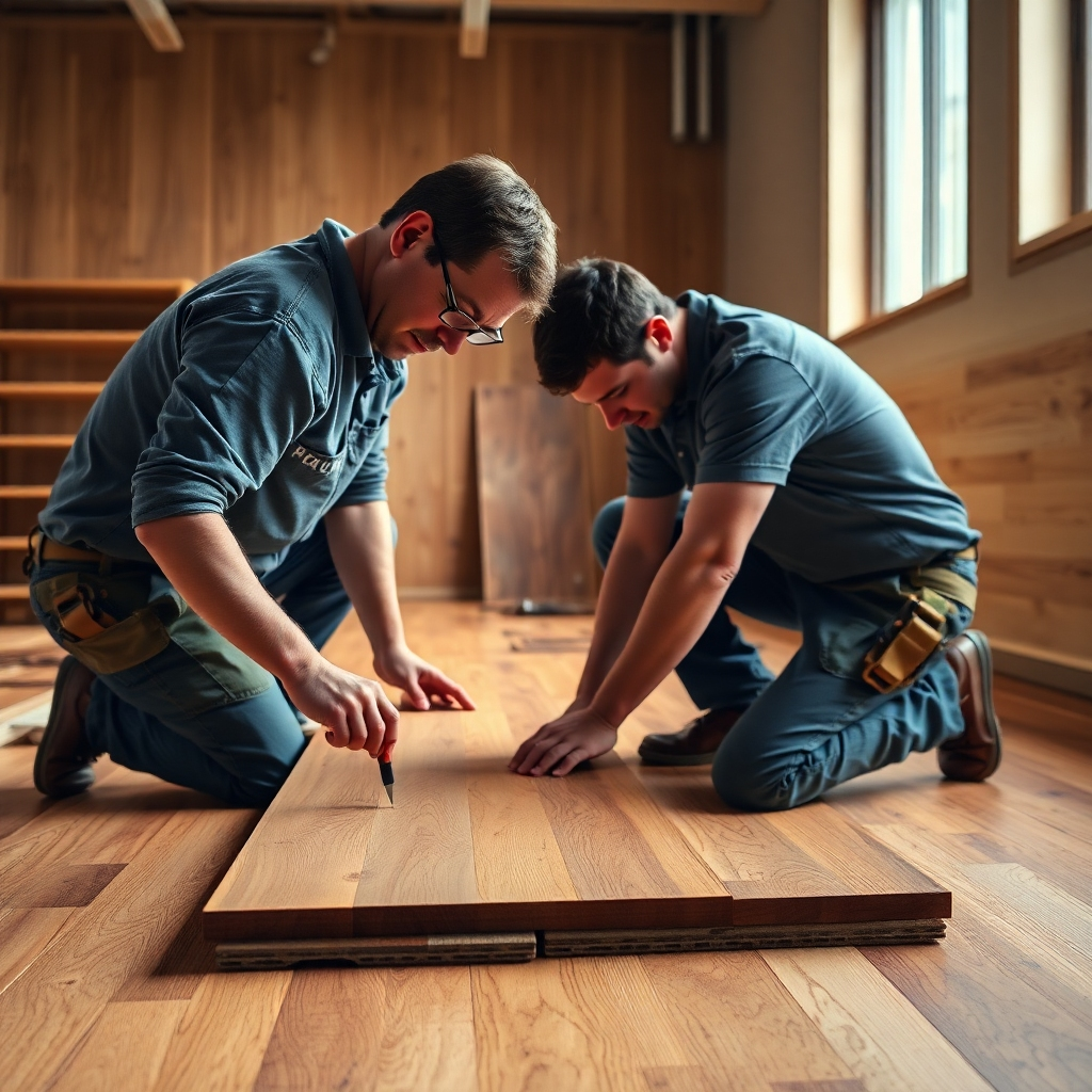 A photorealistic image showing skilled workers carefully installing hardwood flooring, highlighting precision and attention to detail.  The image should have a warm and inviting light, showcasing the beauty of the finished floor and the skills of the installers.