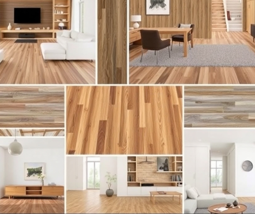 A stylized collage showcasing a variety of flooring options in different room settings, highlighting the versatility of Lucien Hénaire's products.