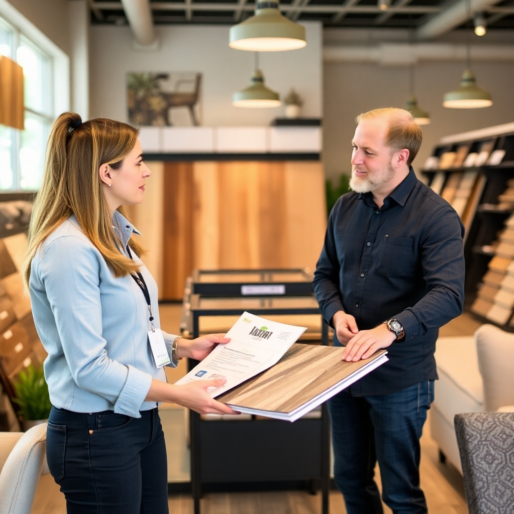 An image depicting a friendly consultant discussing flooring options with a customer in a welcoming showroom setting. The setting should be comfortable and inviting, conveying a sense of personalized service and expertise.