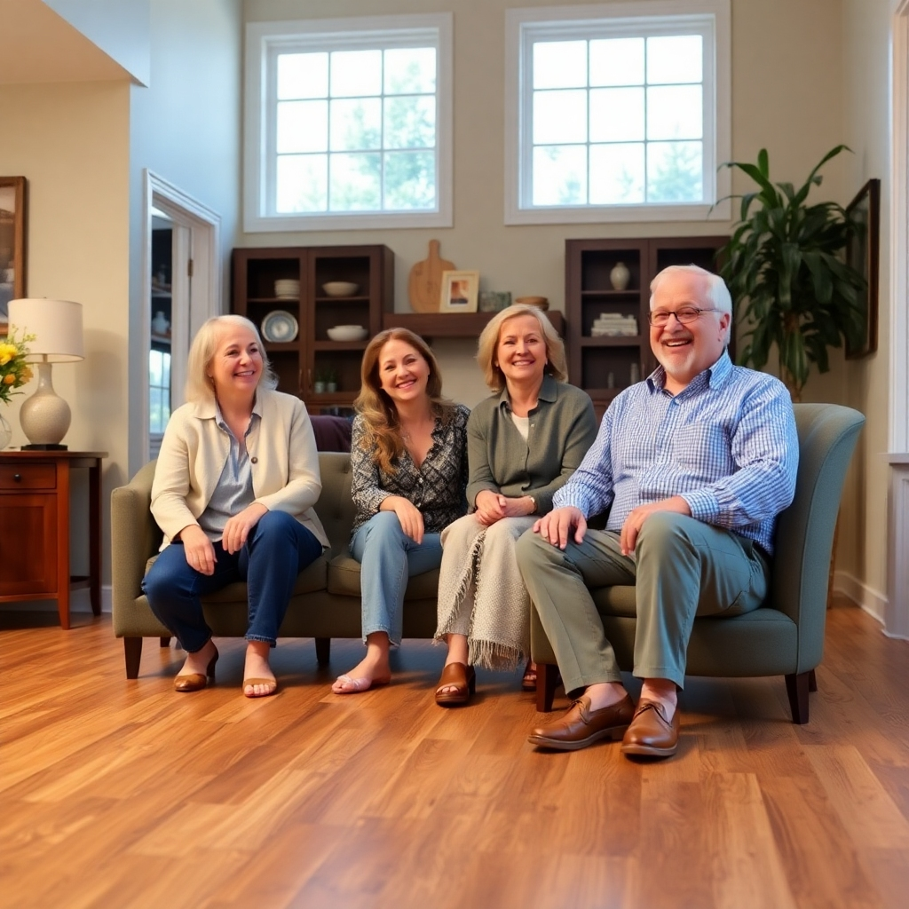 An image depicting satisfied customers enjoying their newly installed flooring, perhaps in a beautifully remodeled room. The image should show a relaxed setting and happy homeowners.