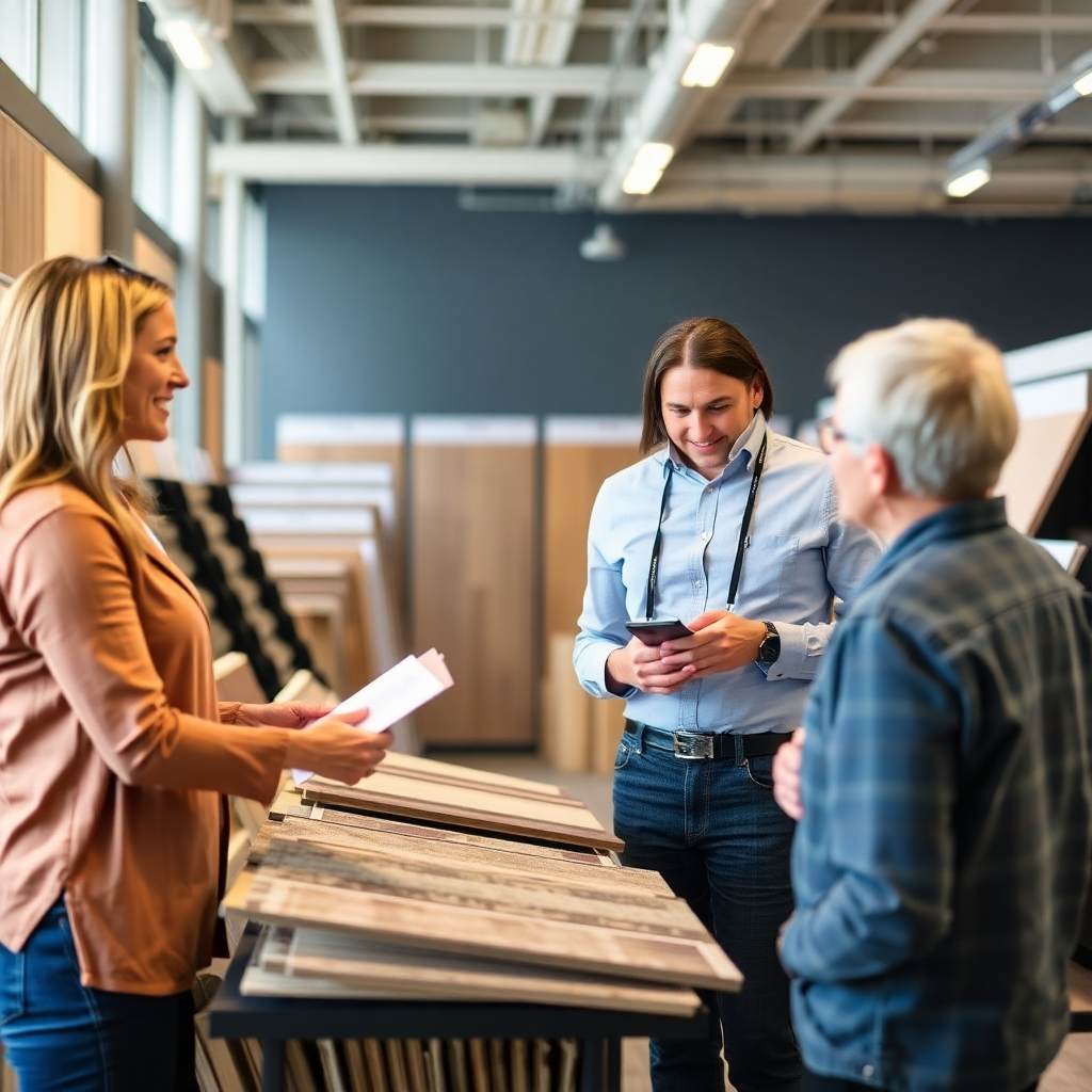 An image of a friendly consultant working with a customer, showing various flooring samples and actively listening to their needs. The setting should be inviting and professional.