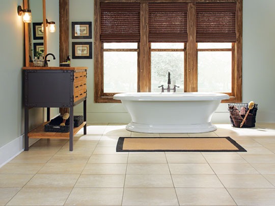 A photorealistic image showing a team of experts advising a customer on flooring choices, highlighting a collaborative and client-centric approach.